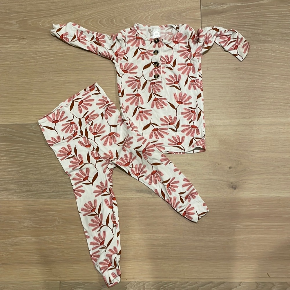 Lou Lou and company two piece pajamas. Pink daisy pattern, called Lucy